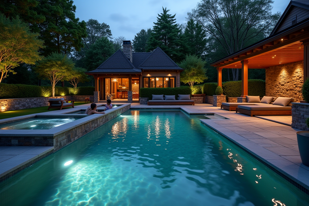 Spa haut de gamme en soirée avec éclairage et détente dans le jardin