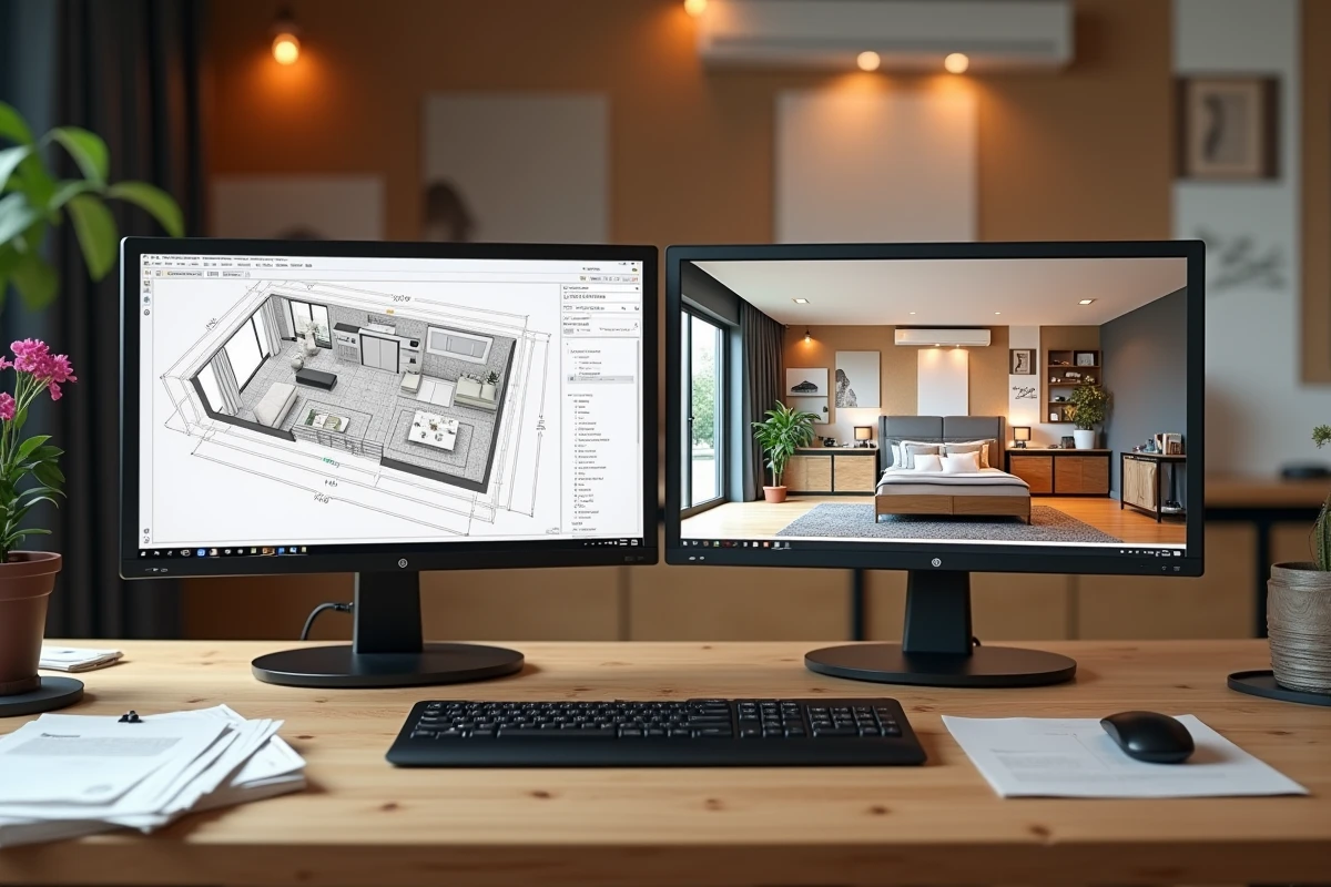 Poste de travail dans un studio de design avec écrans affichant un plan 3D et un rendu photoréaliste générés par intelligence artificielle