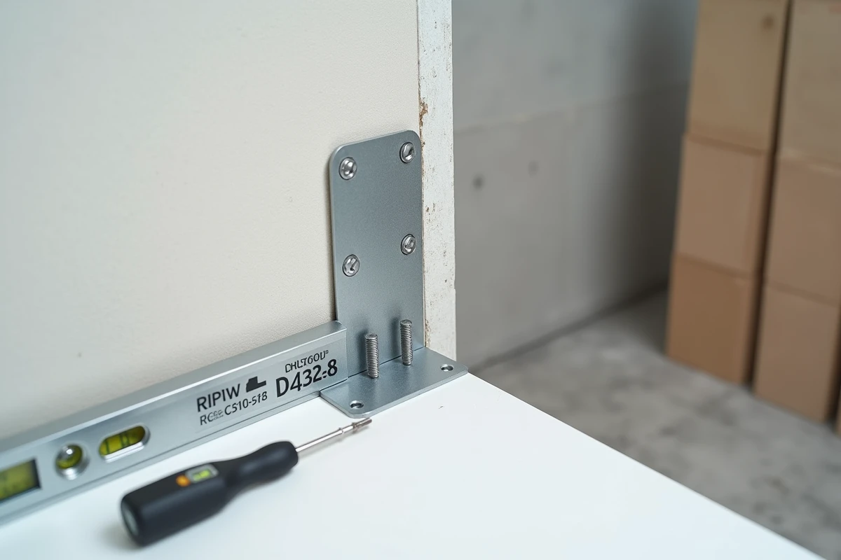 Gros plan sur un support mural avec ancrages pour cloison légère et indication de charge maximale
