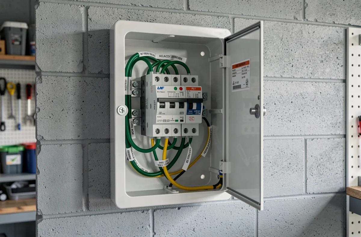 Tableau électrique résidentiel avec câbles de mise à la terre du circuit solaire photovoltaïque dans un garage