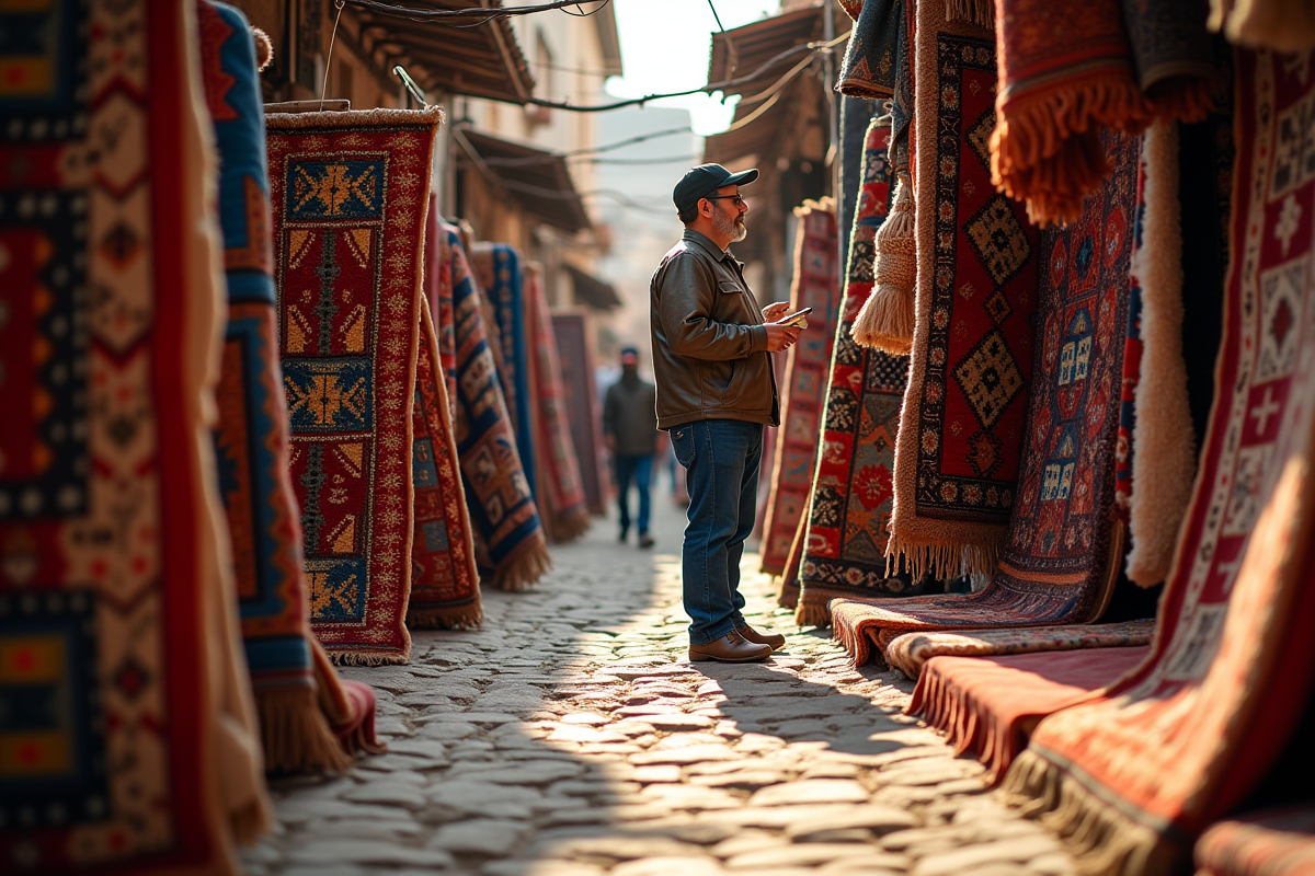 Plusieurs tapis berber déroulés dans une boutique avec clients
