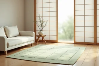 Tapis japonisant discret en vert sauge posé dans un salon minimaliste aux tons neutres et bois clair