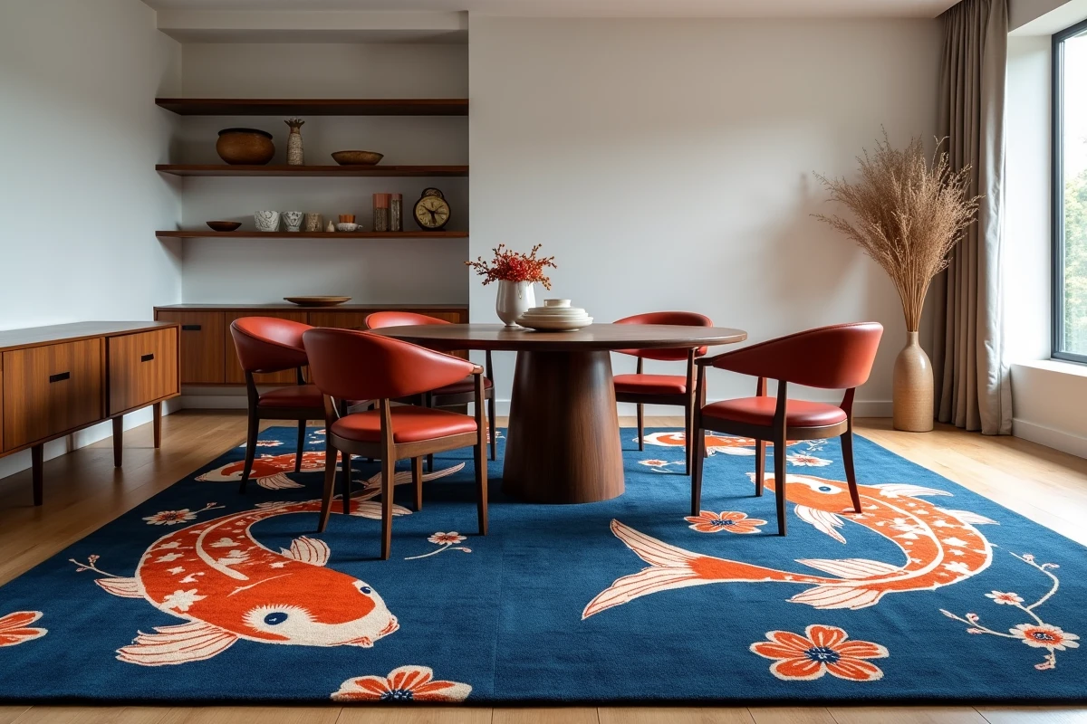 Tapis japonisant &agrave; motifs assum&eacute;s koi et cerisier en indigo et terre cuite dans une salle &agrave; manger moderne