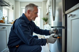 Technicien HVAC inspectant les serpentins d'un réfrigérateur pour détecter une fuite de gaz frigorigène dans une cuisine moderne