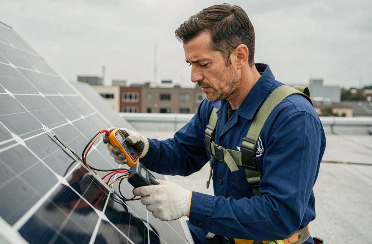 Technicien installateur inspectant un panneau solaire hybride sur une toiture commerciale avec un multimètre numérique