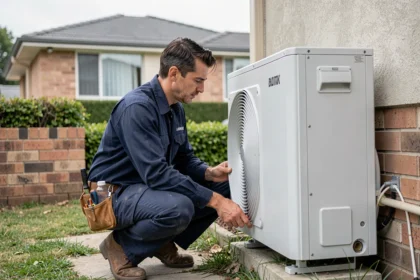 Technicien HVAC inspectant une pompe à chaleur installée sur la façade extérieure d'une maison individuelle