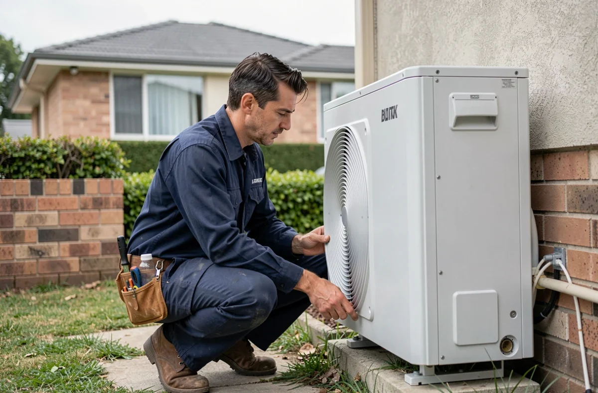 Technicien HVAC inspectant une pompe à chaleur installée sur la façade extérieure d'une maison individuelle