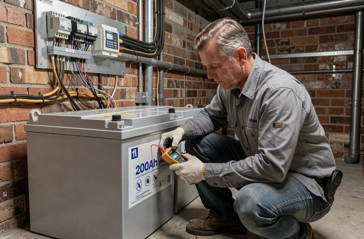 Technicien inspectant une installation de batterie solaire 200Ah dans une salle technique avec multimètre