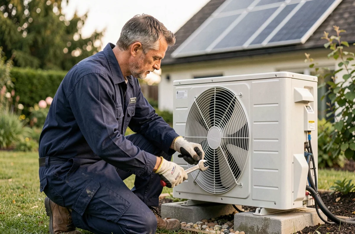 Technicien en train d'installer une pompe à chaleur dans un jardin avec panneaux solaires visibles en arrière-plan