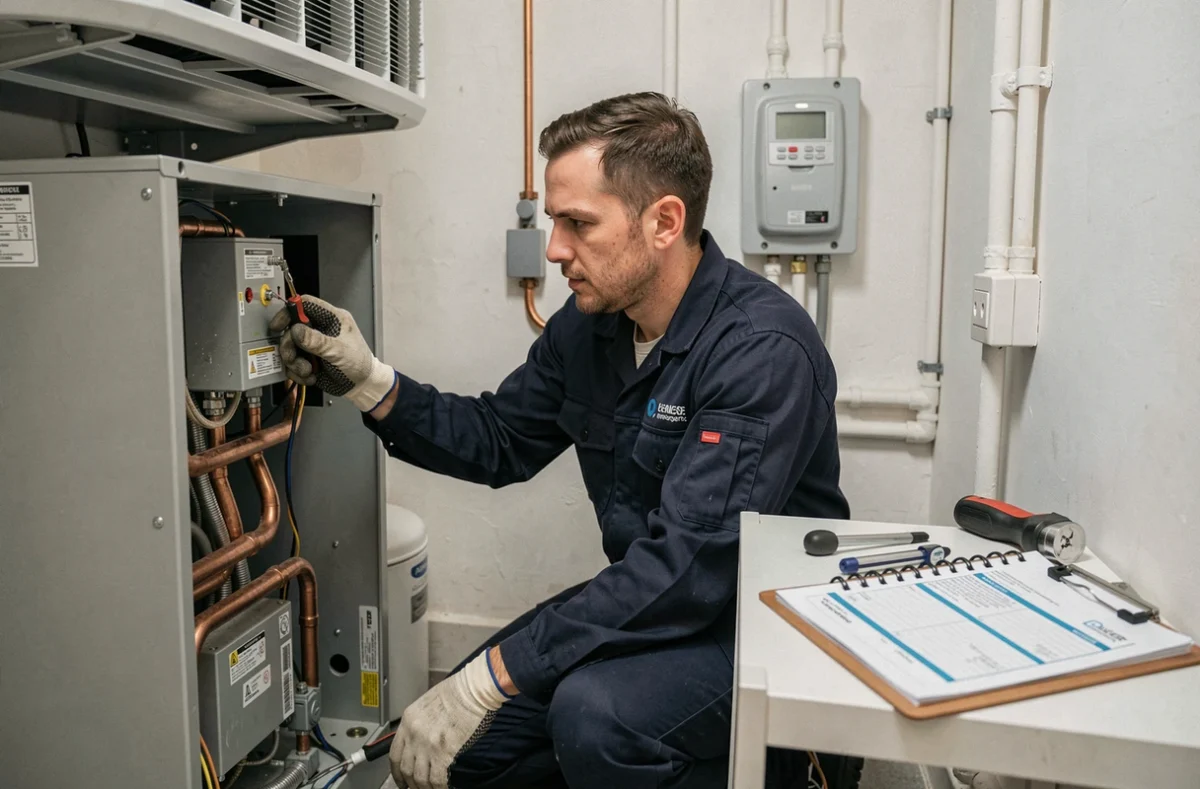 Technicien certifié effectuant la maintenance d'une pompe à chaleur dans un appartement français