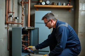 Technicien inspectant une pompe à chaleur eau-eau dans une salle technique en sous-sol