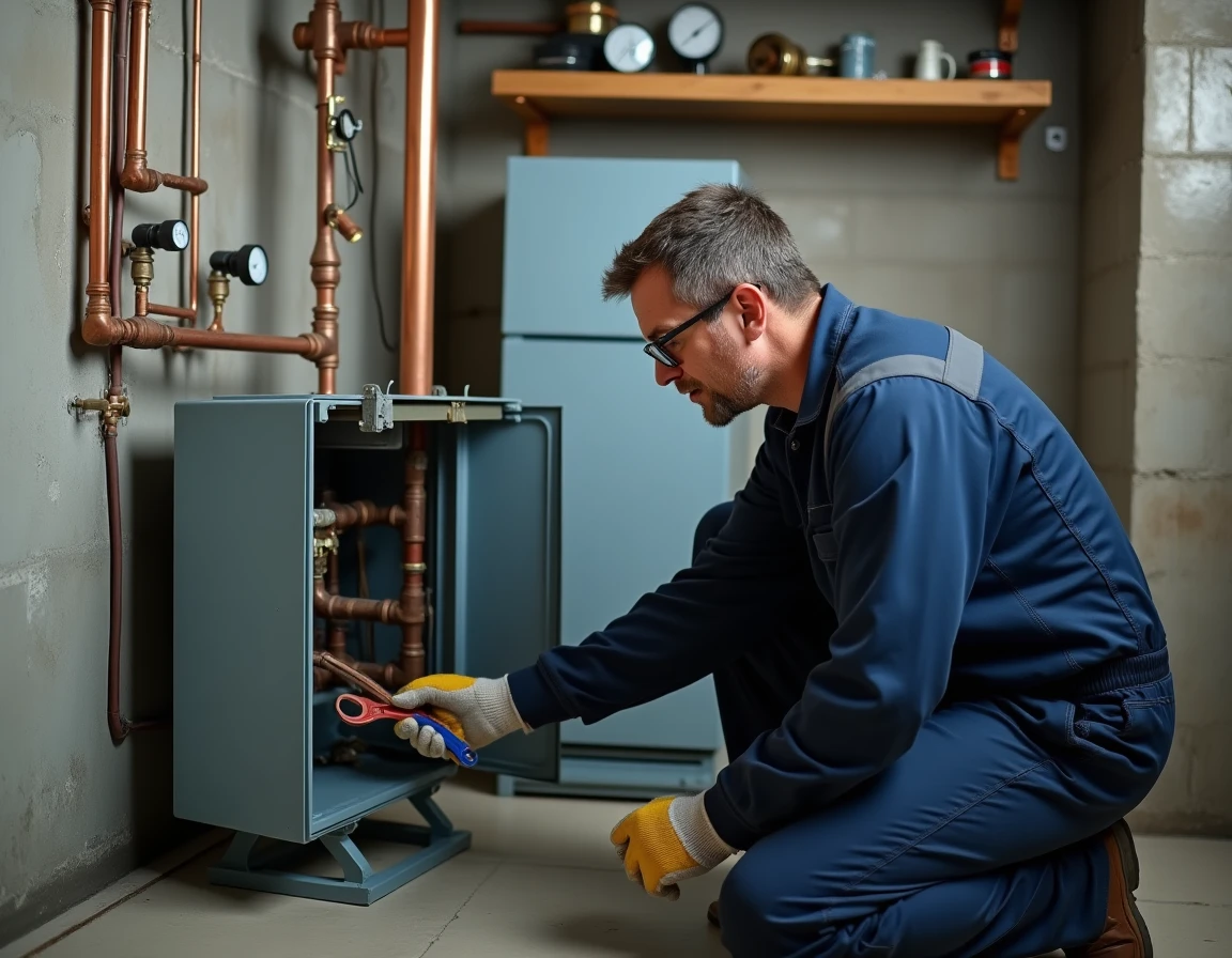 Technicien inspectant une pompe à chaleur eau-eau dans une salle technique en sous-sol