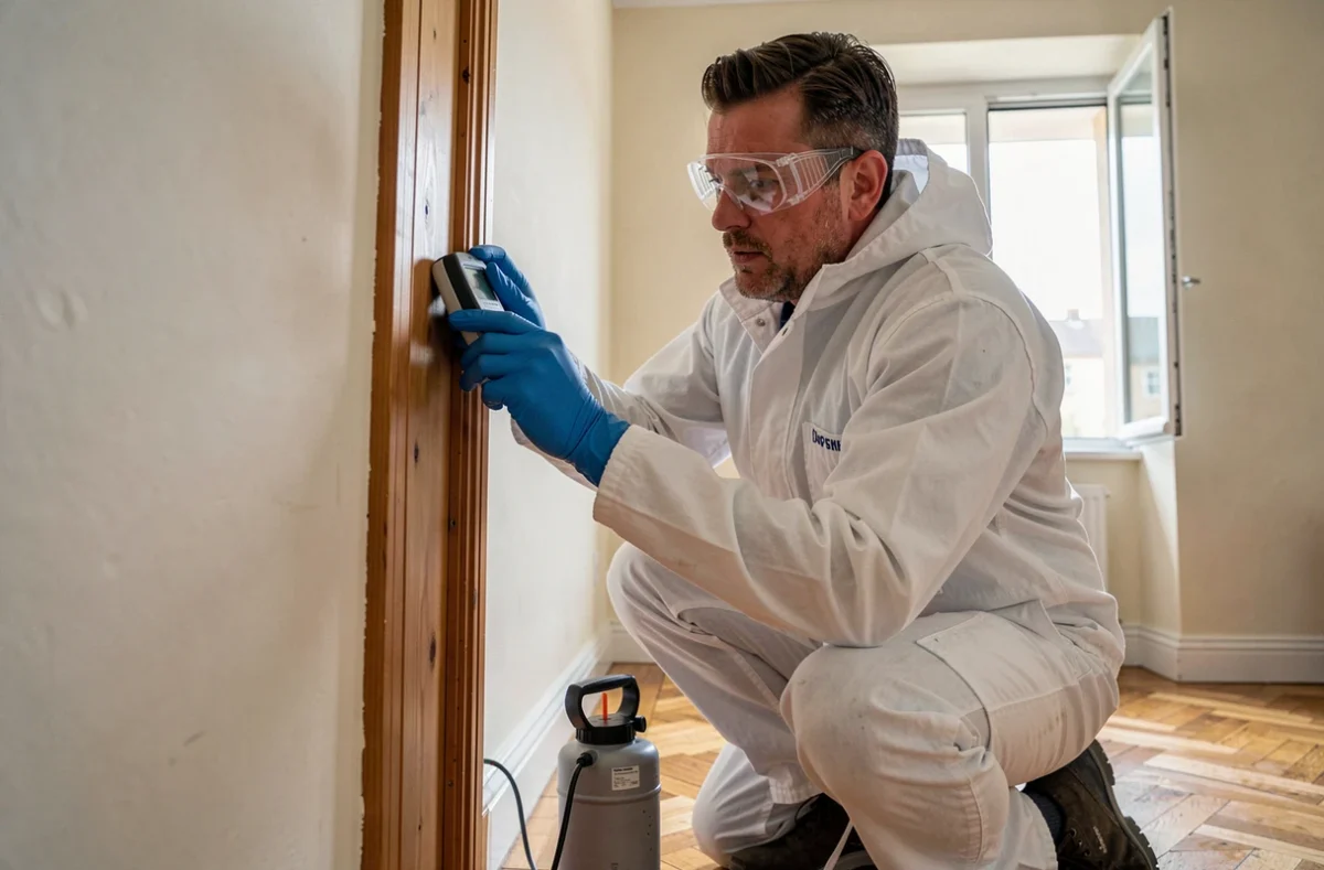 Technicien en traitement antiparasitaire inspectant un encadrement de porte en bois pour détecter la présence de termites volants dans une maison