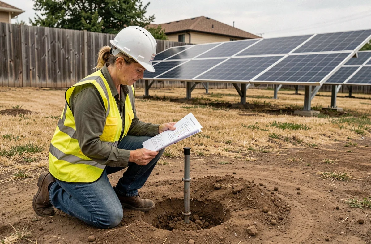 Technicienne solaire installant une prise de terre pour un système photovoltaïque au sol dans un jardin