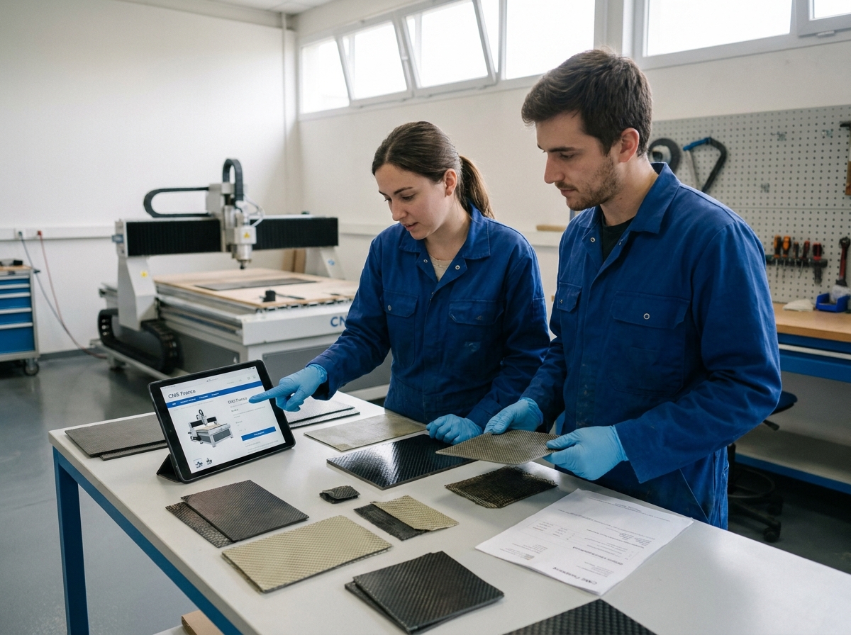 Deux techniciens consultant une commande en ligne de matériaux composites sur tablette dans un atelier de fabrication