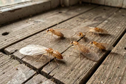 Gros plan de termites volants (alates) posés sur des planches en bois vieilli, mettant en valeur leurs ailes translucides et les dégâts causés au bois
