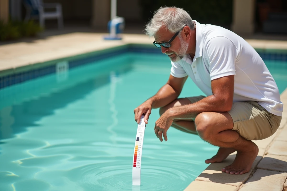Homme testant la qualité de l'eau d'une piscine avec une bandelette multiparamètre après ajout de javel ménagère