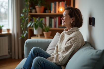 Femme d'âge moyen ajustant un thermostat moderne dans un salon chaleureux