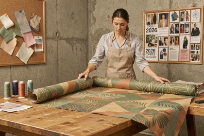 Créatrice textile déroulant un tissu enduit à motifs botaniques géométriques dans un atelier de design en 2026