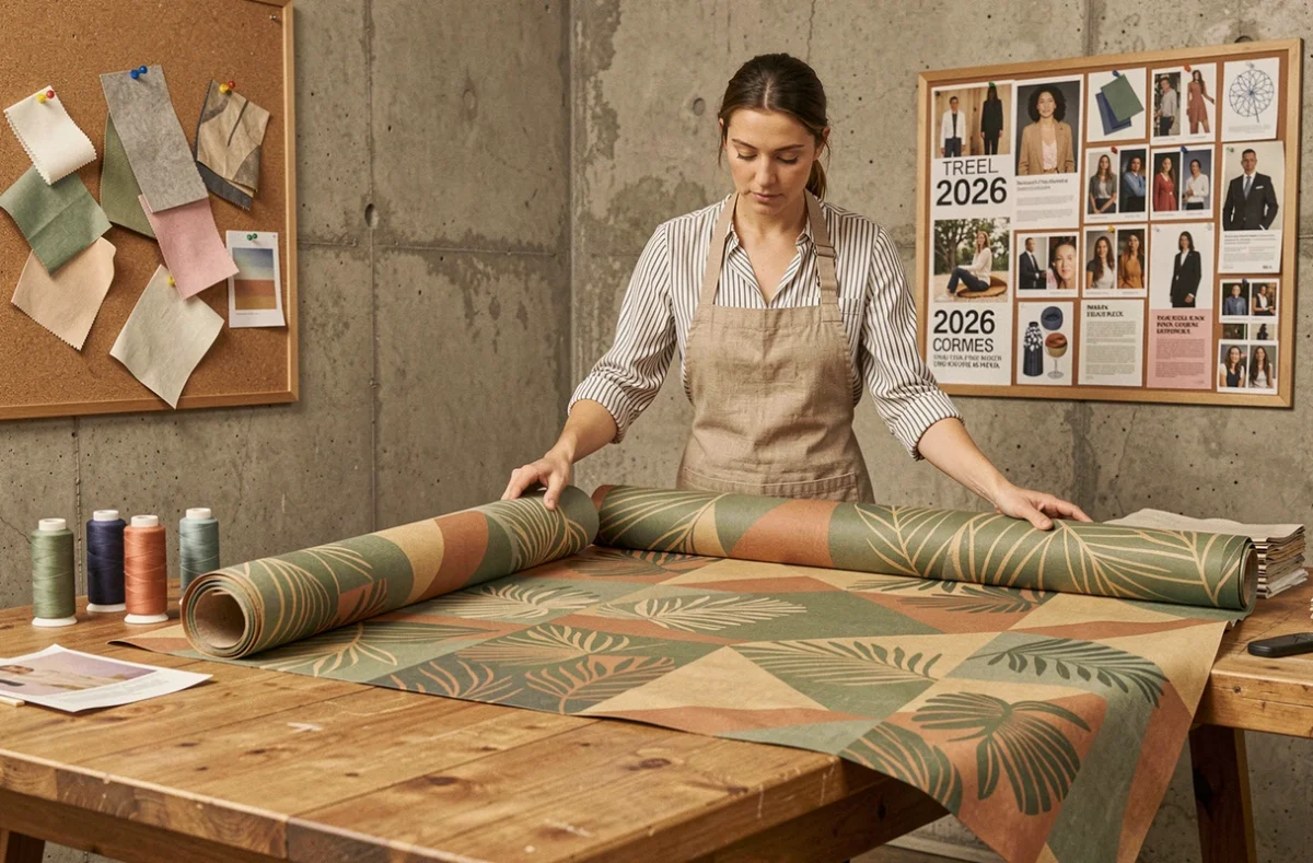 Créatrice textile déroulant un tissu enduit à motifs botaniques géométriques dans un atelier de design en 2026