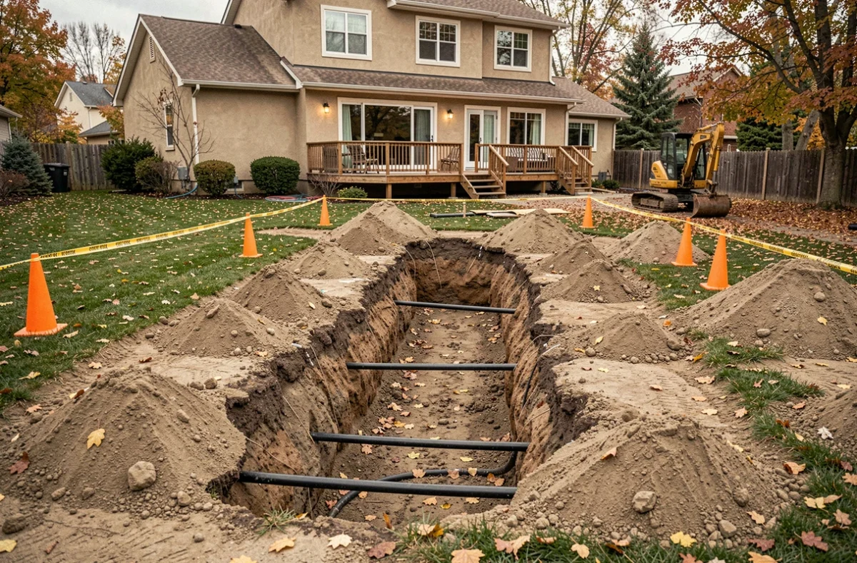 Tranchée d'installation de capteurs géothermiques horizontaux dans un jardin résidentiel