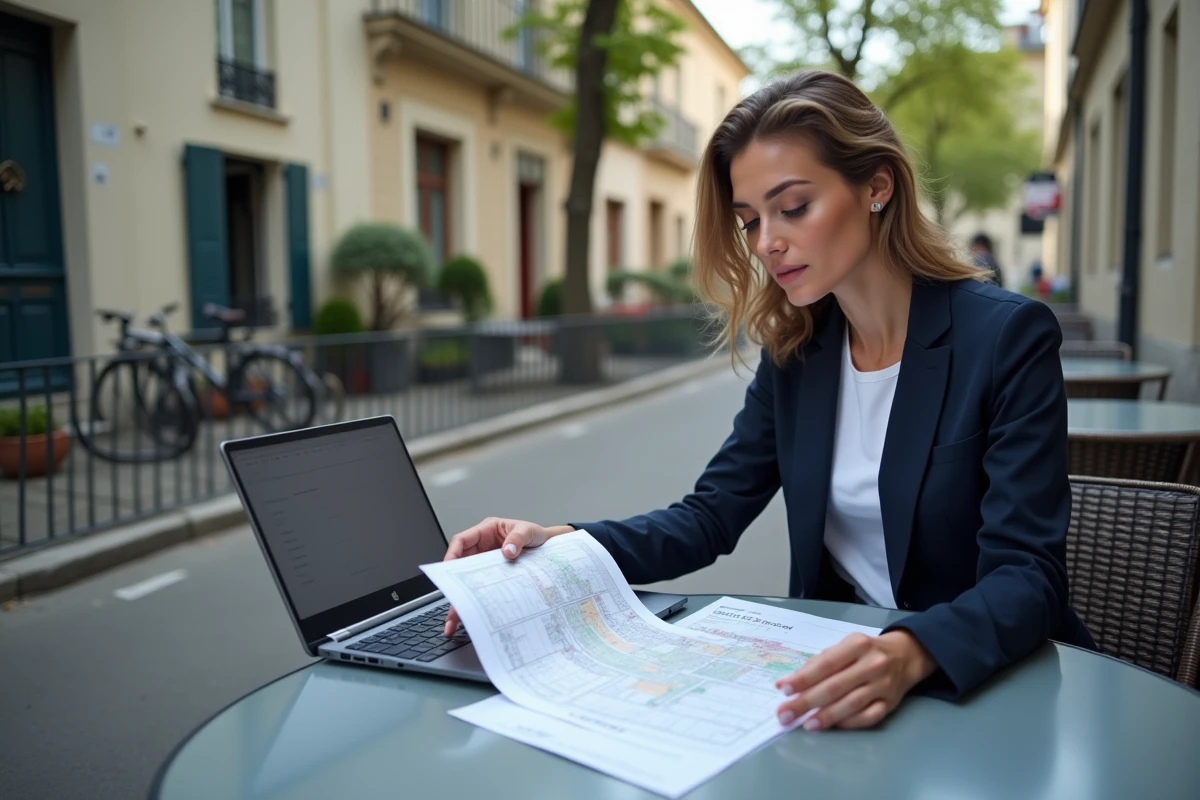 Urbaniste consultant des documents de déclaration préalable de travaux en terrasse dans une ville française avec clôtures et murets visibles en arrière-plan