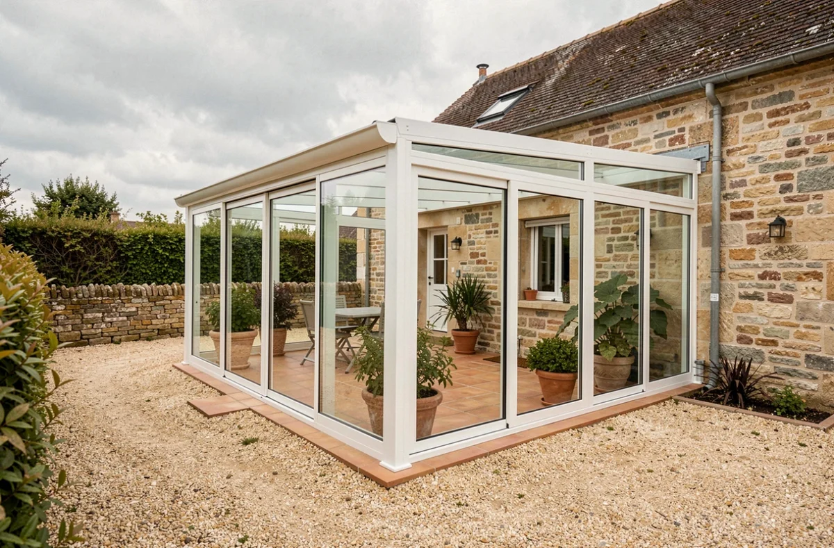 Véranda en verre et aluminium blanc installée sur une maison en pierre de campagne française