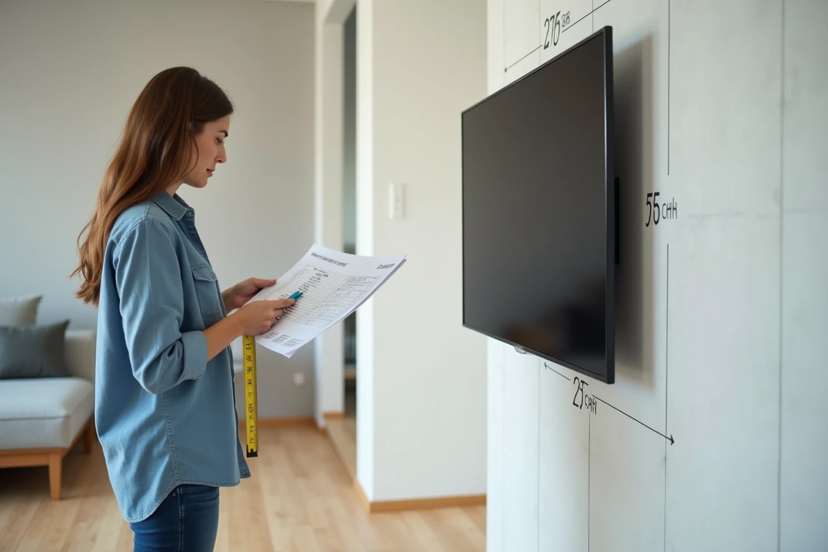 Femme vérifiant le poids maximal autorisé avant d'installer une grande TV sur une cloison en placo