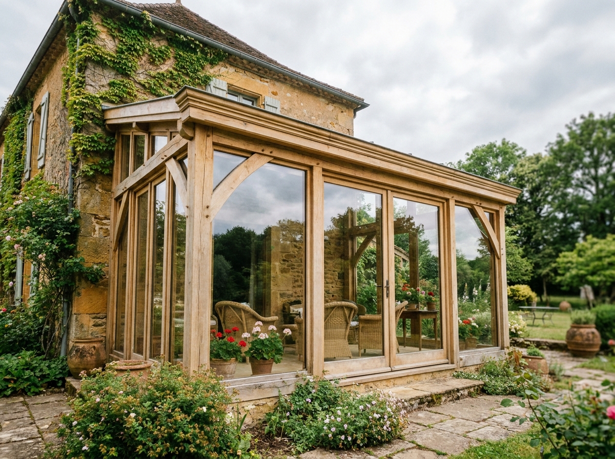 Verrière en bois sur une maison familiale vue depuis le jardin, structure en chêne naturel et panneaux vitrés intégrés à une façade en pierre