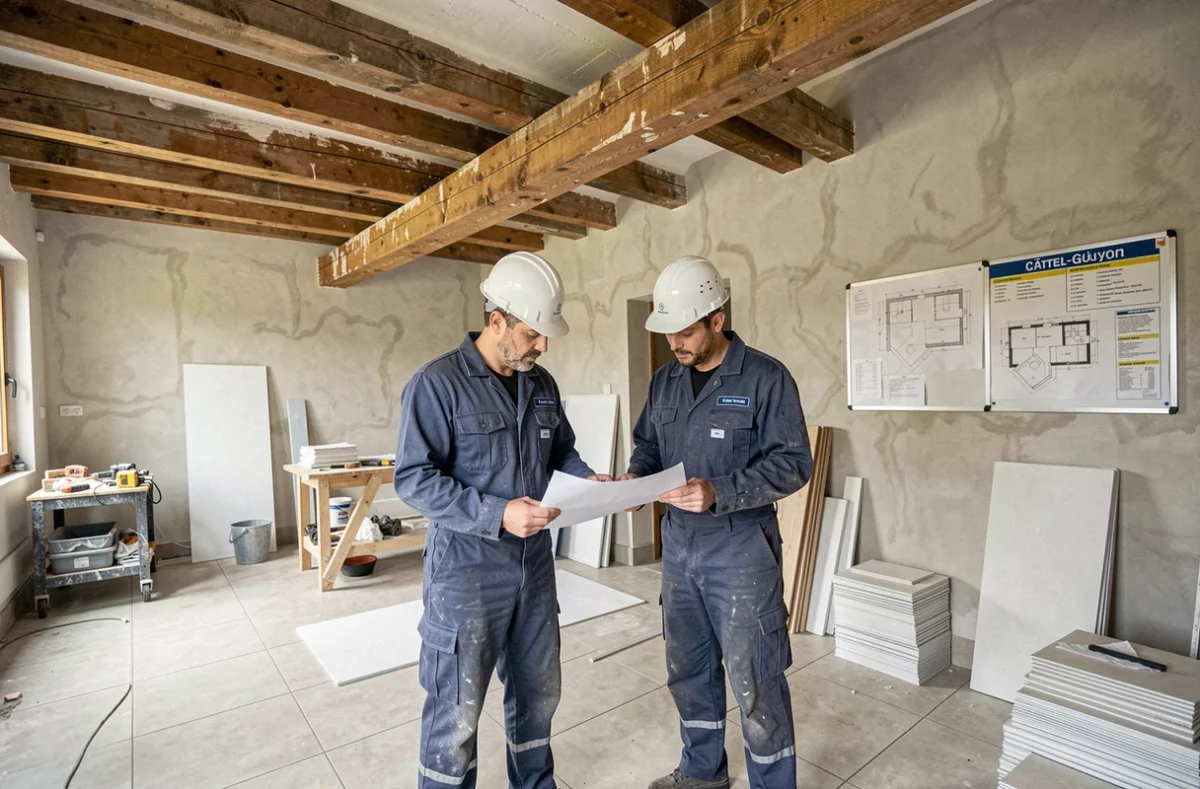 Équipe de rénovation Vesta Bâtiment sur un chantier tous corps d'état à Châtel-Guyon avec plans architecturaux