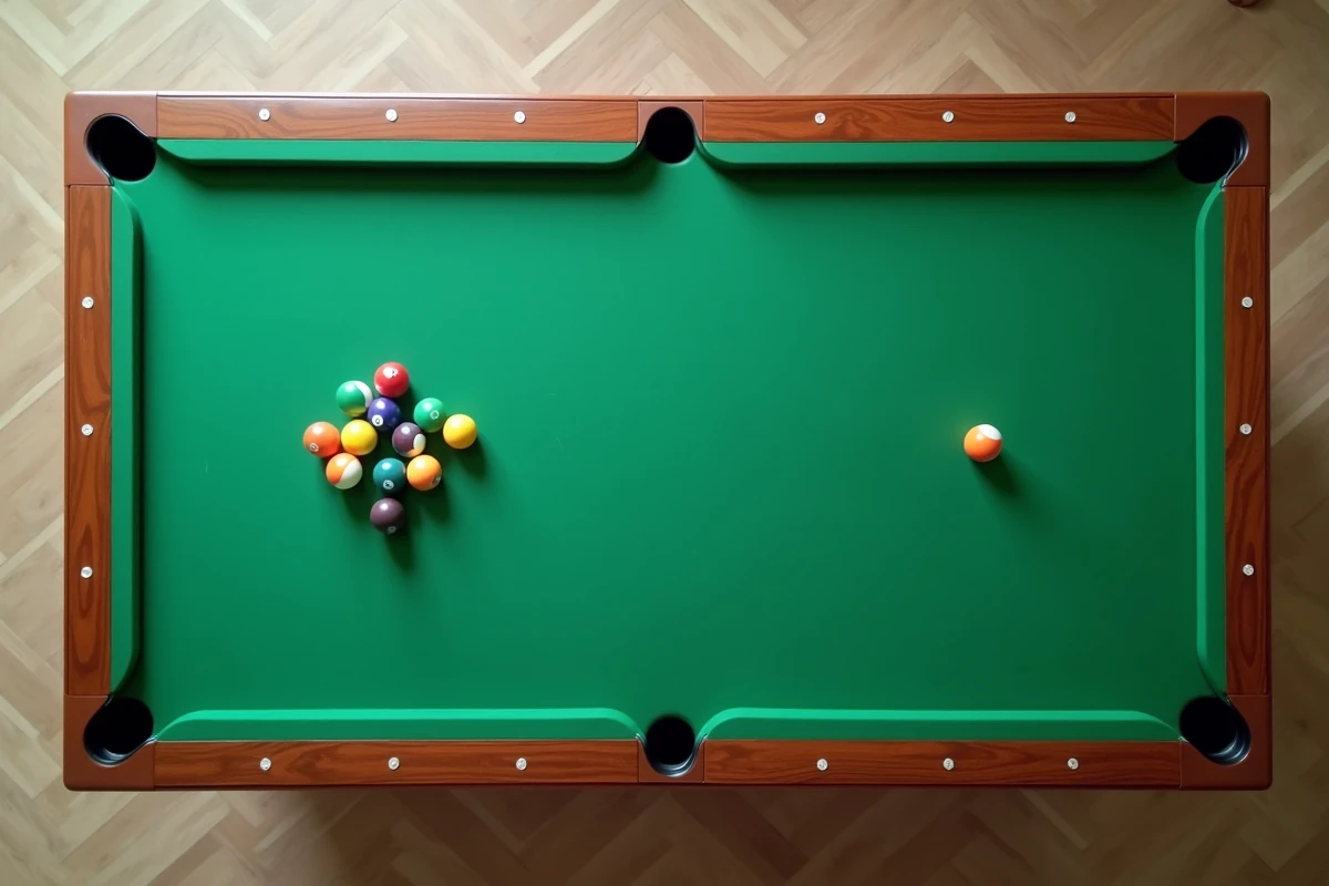 Vue de dessus d'un billard américain avec billes colorées disposées sur le tapis vert et bandes en bois poli